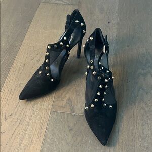 Stuart Weitzman Black Suede Heels with Gold Studs 9.5